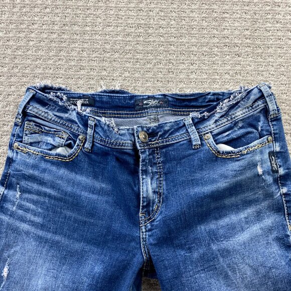 Silver Jeans Women's Cut-off Pants ELYSE Size 34 Slim Blue Denim Jeans Distress - Picture 2 of 14